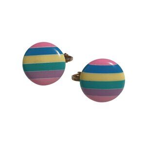Vintage Multicolor Striped Round Clip On Earrings Retro Pastel Rainbow Boho